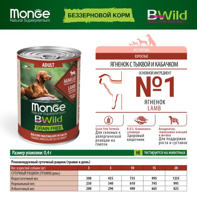 Влажный корм Monge Dog BWild GRAIN FREE для взрослых собак, беззерновой, из ягненка с тыквой и кабачками, консервы 400 г