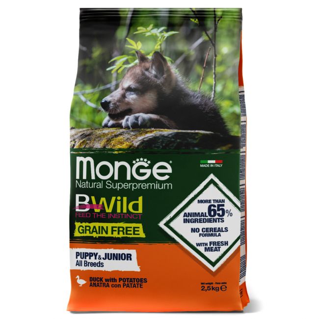 Сухой корм Monge Dog BWild GRAIN FREE Puppy & Junior для щенков, беззерновой, из мяса утки с картофелем 2,5 кг