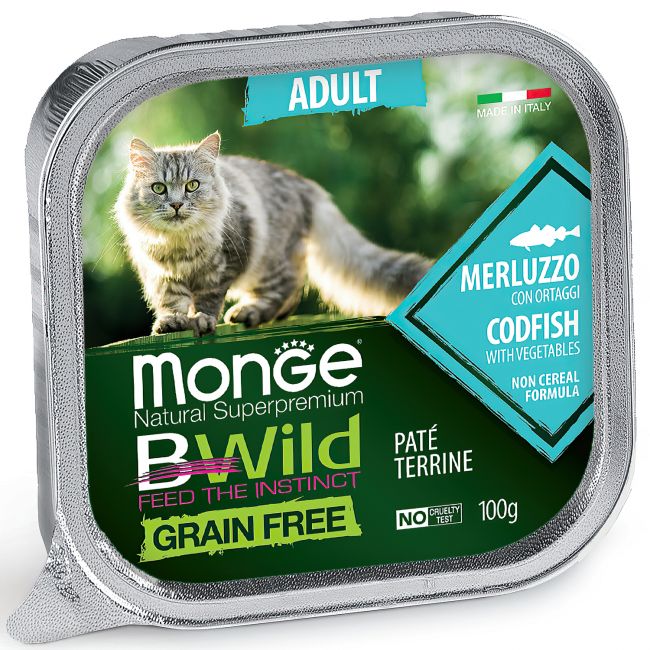 Влажный корм Monge Cat BWild GRAIN FREE для кошек, беззерновой, из трески с овощами, консервы 100 г