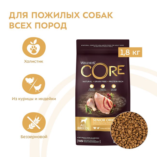 Сухой корм CORE для пожилых собак всех пород, из индейки с курицей 1,8 кг