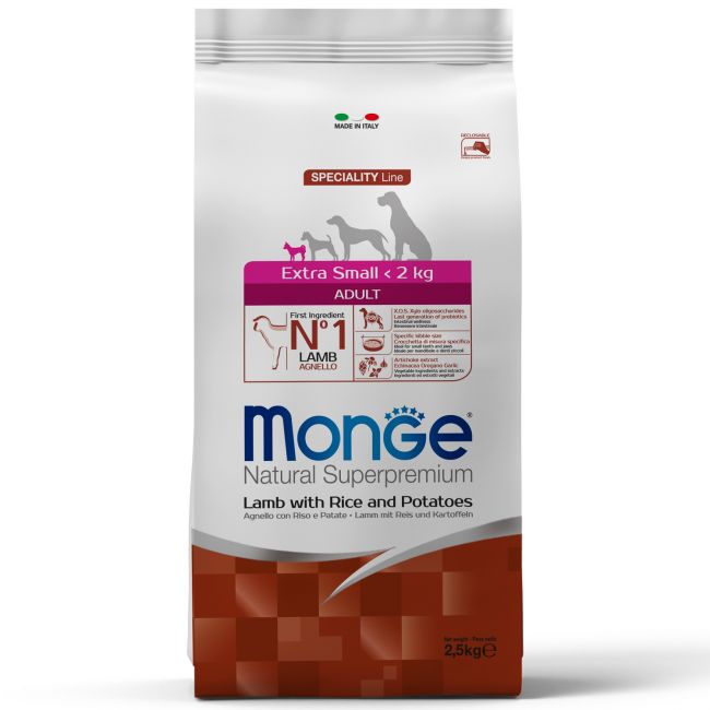 Cухой корм Monge Dog Speciality Line Extra Small корм для взрослых собак миниатюрных пород, из ягненка с рисом и картофелем 2,5 кг Cухой корм Monge Dog Speciality Line Extra Small корм для взрослых собак миниатюрных пород, из ягненка с рисом и картофелем 2,5 кг
