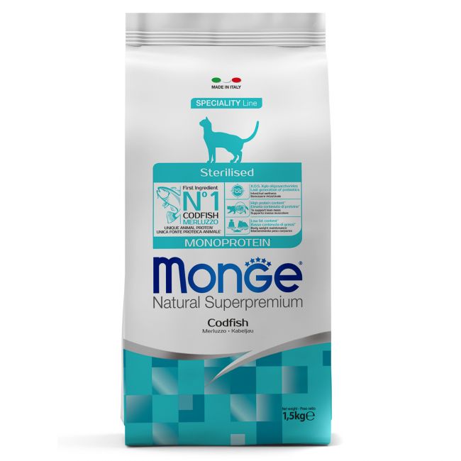 Сухой корм Monge Cat Speciality Line Monoprotein Sterilised для стерилизованных кошек, из трески 1,5 кг