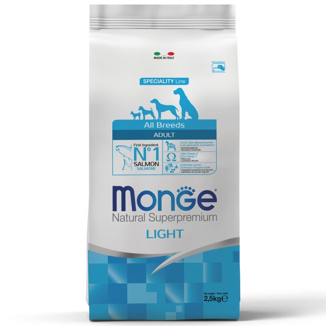 Cухой корм Monge Dog Speciality Line Light корм для взрослых собак всех пород, низкокалорийный, лосось с рисом 2,5 кг