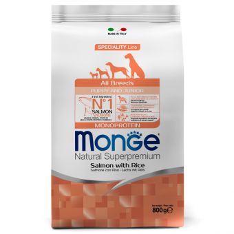 Сухой корм Monge Dog Speciality Line Puppy&Junior корм для щенков всех пород, из лосося с рисом 800 г Сухой корм Monge Dog Speciality Line Puppy&Junior корм для щенков всех пород, из лосося с рисом 800 г