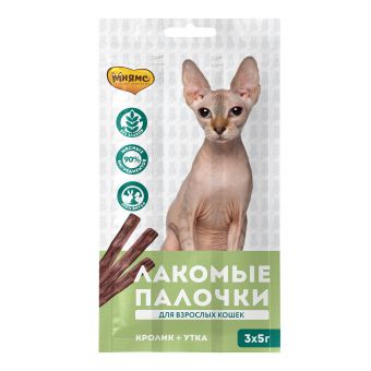 Лакомство Мнямс лакомые палочки 13,5 см для кошек с уткой и кроликом 3х5 г Лакомство Мнямс лакомые палочки 13,5 см для кошек с уткой и кроликом 3х5 г
