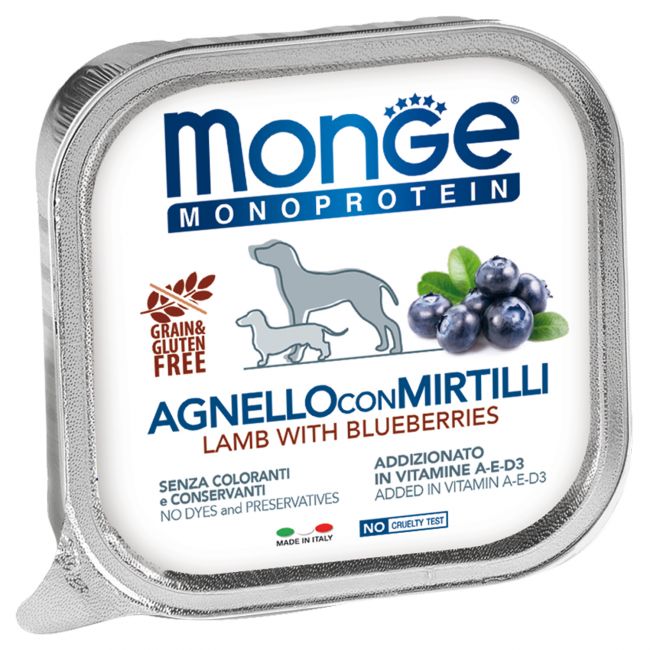 Влажный корм Monge Dog Natural Monoprotein Fruits для собак, паштет из ягненка с черникой, консервы 150 г