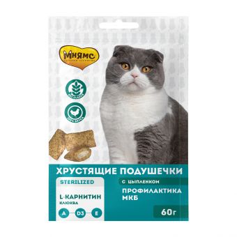 Лакомство Мнямс Хрустящие подушечки для стерилизованных кошек с цыпленком и клюквой "Профилактика МКБ" 60 г Лакомство Мнямс Хрустящие подушечки для стерилизованных кошек с цыпленком и клюквой "Профилактика МКБ" 60 г