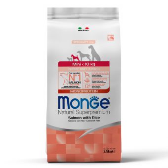 Сухой корм Monge Dog Speciality Line Monoprotein для щенков мелких пород, из лосося с рисом 2,5 кг Сухой корм Monge Dog Speciality Line Monoprotein для щенков мелких пород, из лосося с рисом 2,5 кг