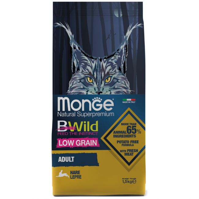 Сухой корм Monge Cat BWild LOW Hare для взрослых кошек, низкозерновой, из мяса зайца 1,5 кг