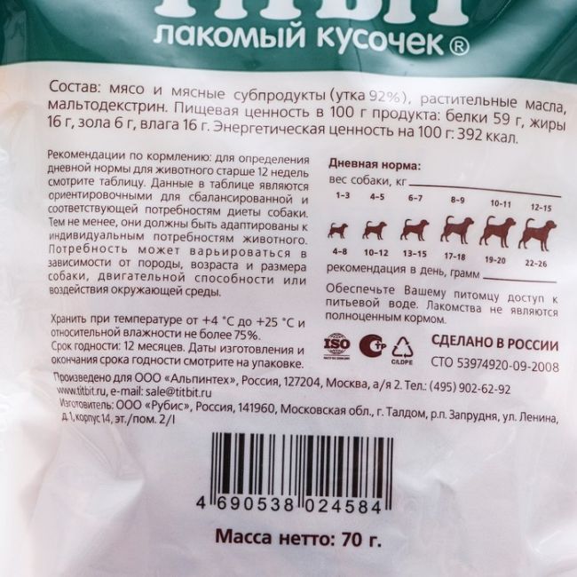Лакомство для собак мини-пород Titbit нарезка утиная 70 г