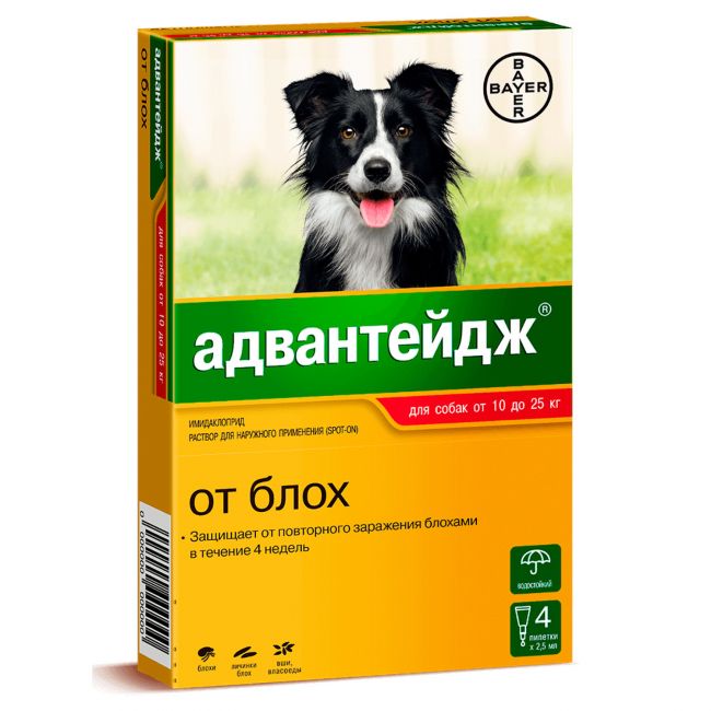 Bayer Адвантейдж 250 капли для собак 10-25 кг от блох (4 пипетки х 2,5 мл)