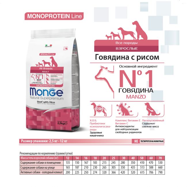Сухой корм Monge Dog Speciality Line Monoprotein All Breeds Beef and Rice для взрослых собак всех пород, из говядины с рисом 2,5 кг Сухой корм Monge Dog Speciality Line Monoprotein All Breeds Beef and Rice для взрослых собак всех пород, из говядины с рисом 2,5 кг