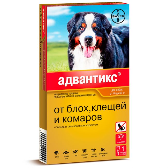 Bayer Адвантикс 600 для собак 40-60 кг от блох, клещей и комаров (1 пипетка х 6 мл)