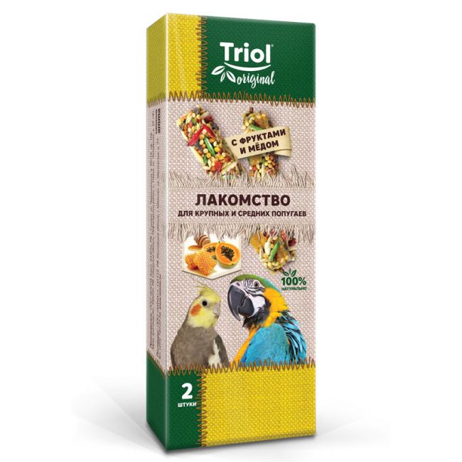 Лакомство для крупных и средних попугаев с фруктами и мёдом (уп.2шт.), 55г, Triol Original Лакомство для крупных и средних попугаев с фруктами и мёдом (уп.2шт.), 55г, Triol Original
