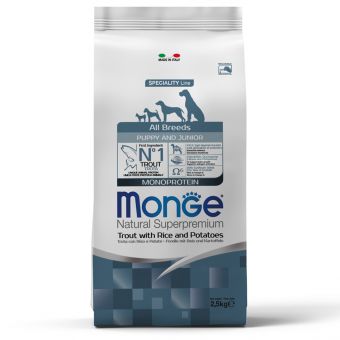 Сухой корм Monge Dog Speciality Line Monoprotein для щенков всех пород, из форели с рисом и картофелем 2,5 кг Сухой корм Monge Dog Speciality Line Monoprotein для щенков всех пород, из форели с рисом и картофелем 2,5 кг
