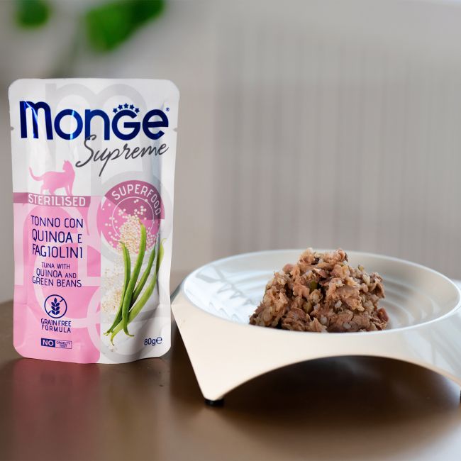 Влажный корм Monge Supreme sterilized cat для стерилизованных кошек из тунца с киноа и зелёной фасолью, паучи 80 г Влажный корм Monge Supreme sterilized cat для стерилизованных кошек из тунца с киноа и зелёной фасолью, паучи 80 г