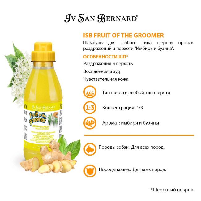 ISB Fruit of the Groomer Ginger&Elderbery Шампунь для любого типа шерсти против раздражений и перхоти 500 мл ISB Fruit of the Groomer Ginger&Elderbery Шампунь для любого типа шерсти против раздражений и перхоти 500 мл