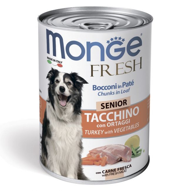 Влажный корм Monge Dog Fresh Chunks in Loaf для пожилых собак, мясной рулет из индейки с овощами, консервы 400 г Влажный корм Monge Dog Fresh Chunks in Loaf для пожилых собак, мясной рулет из индейки с овощами, консервы 400 г