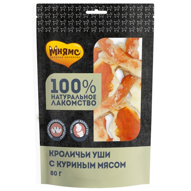 Лакомство Мнямс для собак кроличьи уши с куриным мясом 80 г