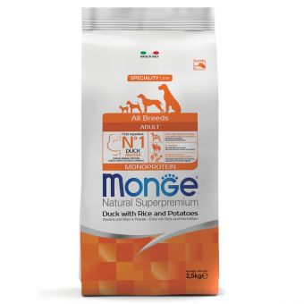 Сухой корм Monge Dog Speciality Line Monoprotein для взрослых собак всех пород, из утки с рисом и картофелем 2,5 кг Сухой корм Monge Dog Speciality Line Monoprotein для взрослых собак всех пород, из утки с рисом и картофелем 2,5 кг