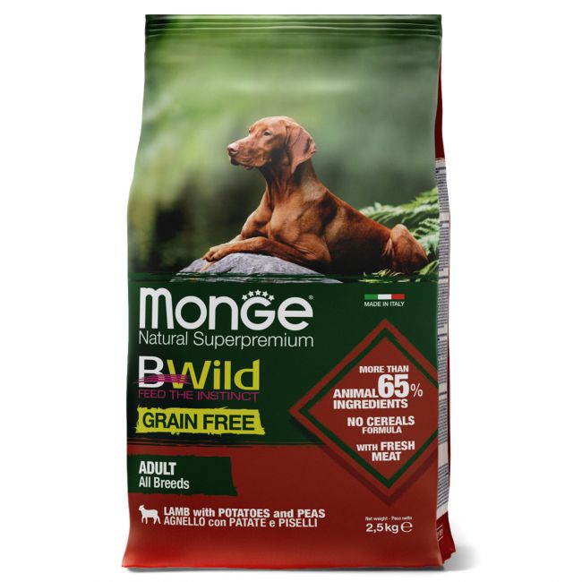 Сухой корм Monge Dog BWild GRAIN FREE для собак, беззерновой, из мяса ягненка с картофелем 2,5 кг