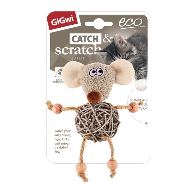 75521 Игрушка для кошек Мышка с плетеным мячиком и колокольчиком 8см, серия CATCH & SCRATCH ECO