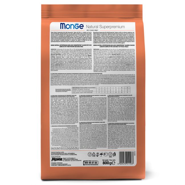 Сухой корм Monge Dog Speciality Line Monoprotein Mini для взрослых собак мелких пород, из лосося с рисом 800 г