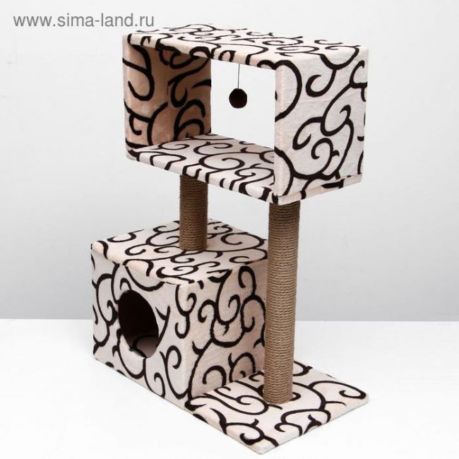 Домик-когтеточка "Куб" с мезонином и игрушкой, 60 х 35 х 85 см микс цветов