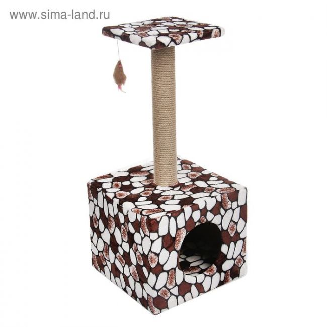 Домик-когтеточка "Куб" с площадкой и игрушкой, 35 х 30 х 85 см микс цветов