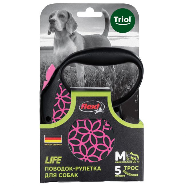 Поводок-рулетка для собак Flexi Life Pink M 5м до 20кг, трос Поводок-рулетка для собак Flexi Life Pink M 5м до 20кг, трос