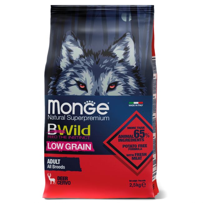 Сухой корм Monge Dog BWild LOW GRAIN для взрослых собак, низкозерновой, из мяса оленя 2,5 кг