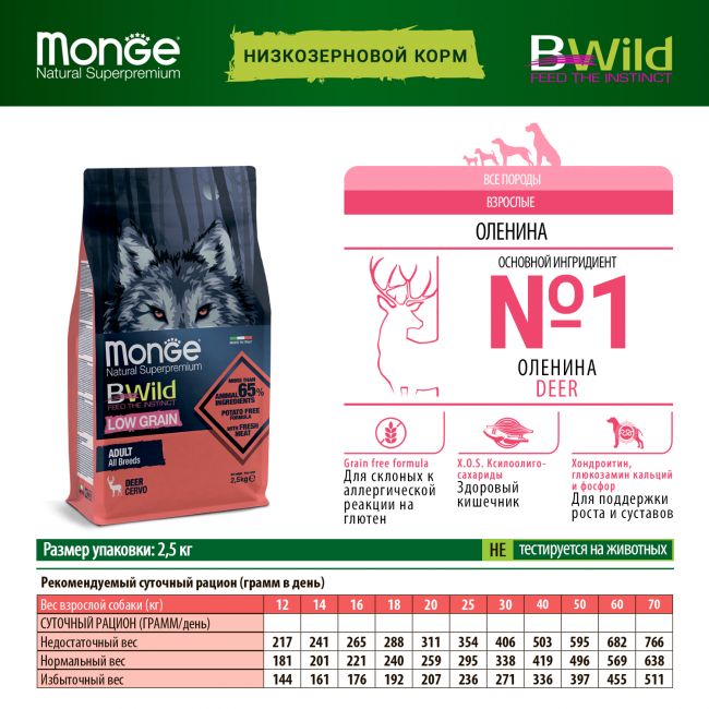 Сухой корм Monge Dog BWild LOW GRAIN для взрослых собак, низкозерновой, из мяса оленя 2,5 кг Сухой корм Monge Dog BWild LOW GRAIN для взрослых собак, низкозерновой, из мяса оленя 2,5 кг