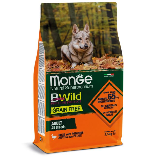 Сухой корм Monge Dog BWild GRAIN FREE для взрослых собак, беззерновой, утка с картофелем 2,5 кг Сухой корм Monge Dog BWild GRAIN FREE для взрослых собак, беззерновой, утка с картофелем 2,5 кг