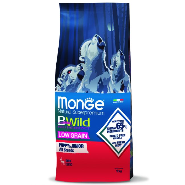 Сухой корм Monge Dog BWild LOW GRAIN Puppy & junior для щенков, низкозерновой, из мяса оленя 12 кг