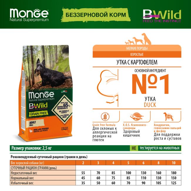 Сухой корм Monge Dog BWild GRAIN FREE Mini корм для взрослых собак мелких пород, беззерновой, из утки с картофелем 2,5 кг Сухой корм Monge Dog BWild GRAIN FREE Mini корм для взрослых собак мелких пород, беззерновой, из утки с картофелем 2,5 кг