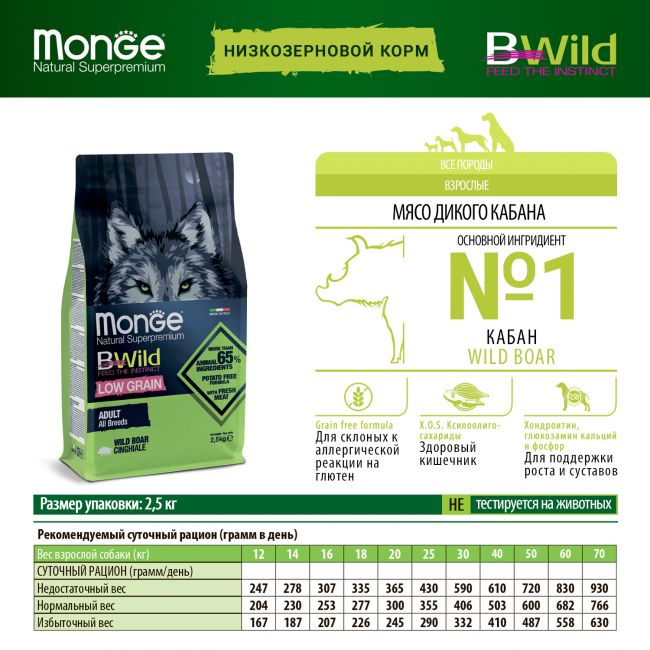 Сухой корм Monge Dog BWild LOW GRAIN для взрослых собак, низкозерновой, из мяса дикого кабана 2,5 кг Сухой корм Monge Dog BWild LOW GRAIN для взрослых собак, низкозерновой, из мяса дикого кабана 2,5 кг
