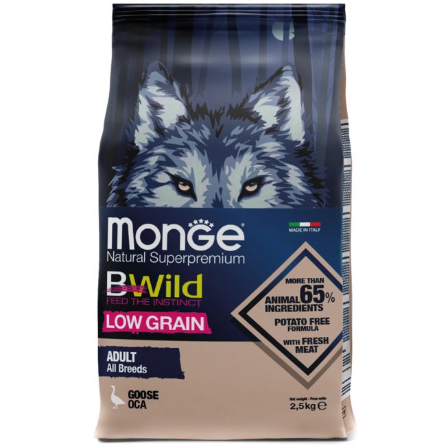 Сухой корм Monge Dog BWild LOW GRAIN для взрослых собак, низкозерновой, из мяса гуся 2,5 кг