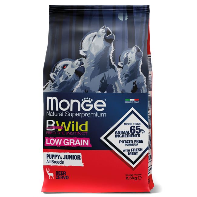 Сухой корм Monge Dog BWild LOW GRAIN Puppy & junior для щенков, низкозерновой, из мяса оленя 2,5 кг