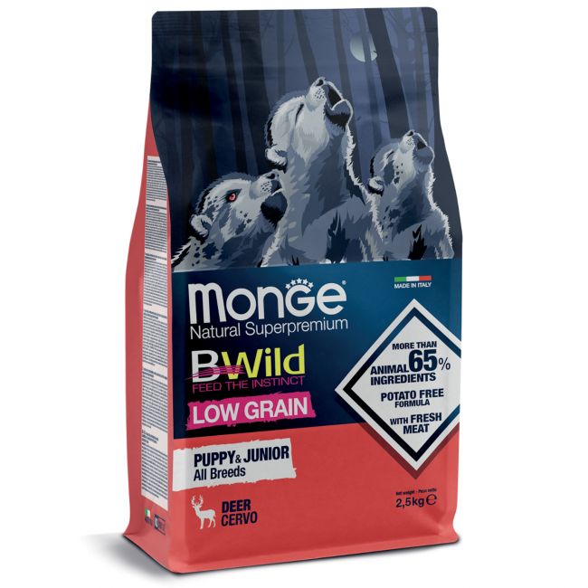 Сухой корм Monge Dog BWild LOW GRAIN Puppy & junior для щенков, низкозерновой, из мяса оленя 2,5 кг Сухой корм Monge Dog BWild LOW GRAIN Puppy & junior для щенков, низкозерновой, из мяса оленя 2,5 кг