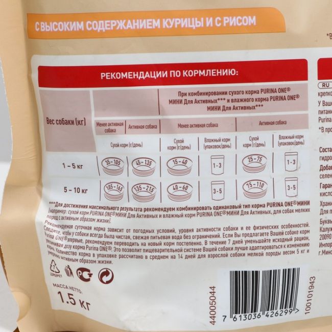 Сухой корм Purina One mini "Активная" для собак мелких пород, курица/рис, 1,5 кг