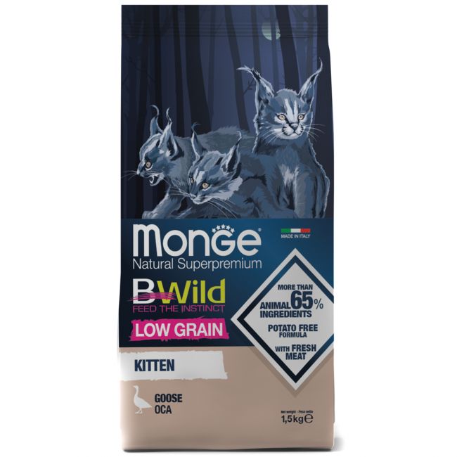 Сухой корм Monge Cat BWild LOW GRAIN Kitten, для котят, низкозерновой, из мяса гуся 1,5 кг